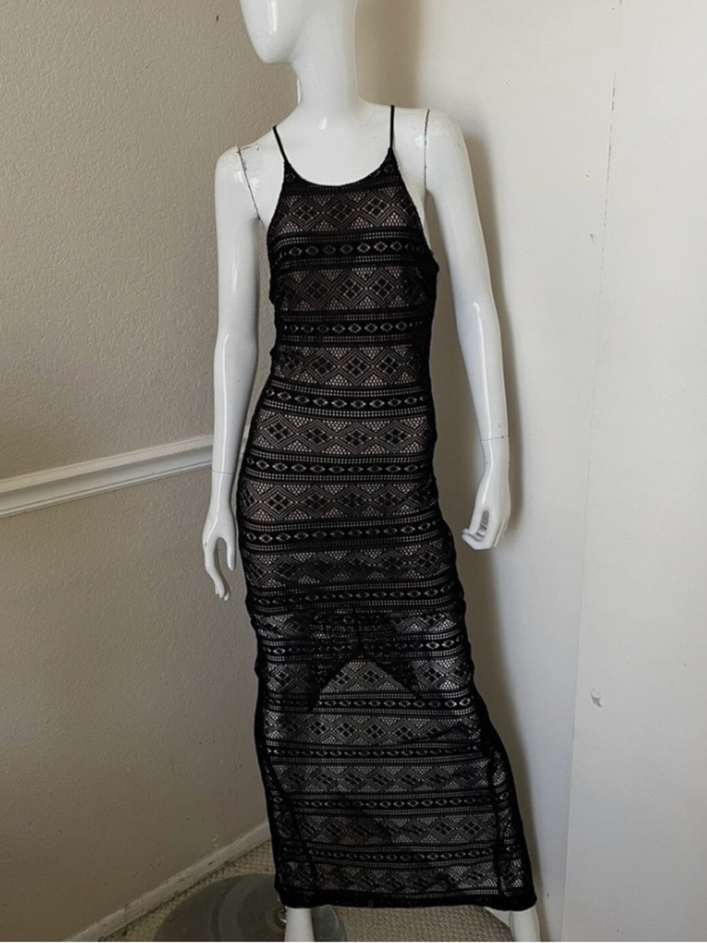 Poetry Black Lace/Crochet Maxi Dress with Geometric Pattern